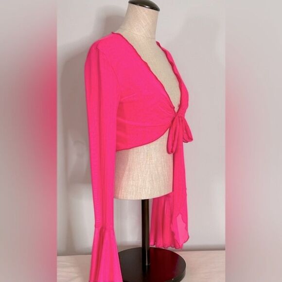 SHEIN ICON Hot Pink Lettuce Trim Knot Front Flare Sleeve Crop Top size XS - Picture 4 of 13